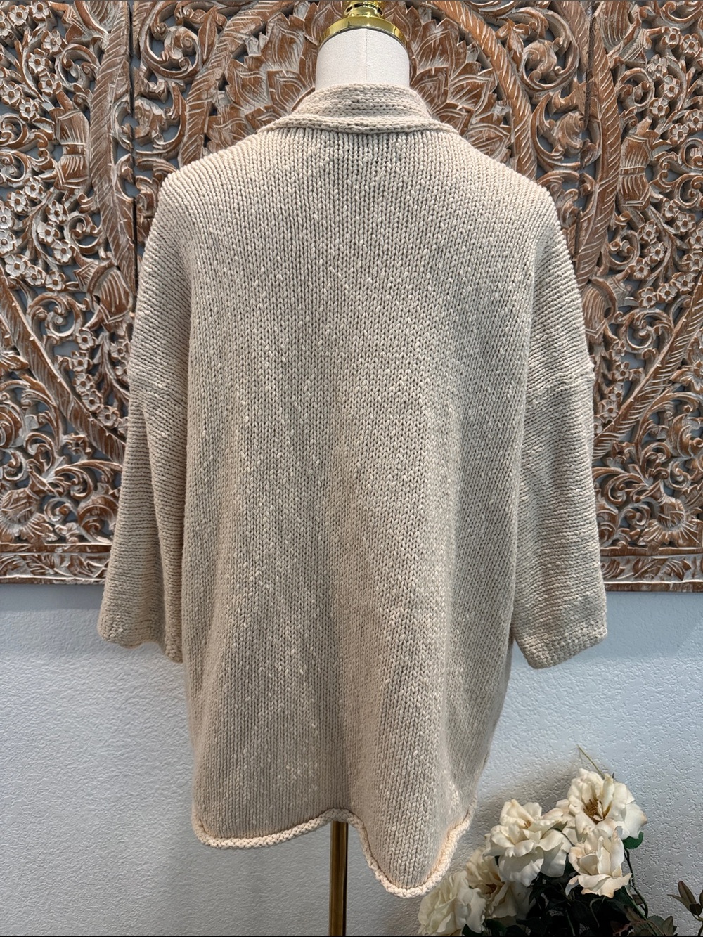 LOFT Cream Open-Front 3/4 Sleeves Cotton Knit Cozy Cardigan- size L - Picture 3 of 12